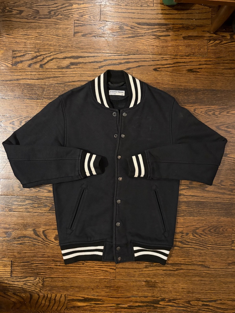 American Apparel Black Varsity Jacket with White Stripe Trim